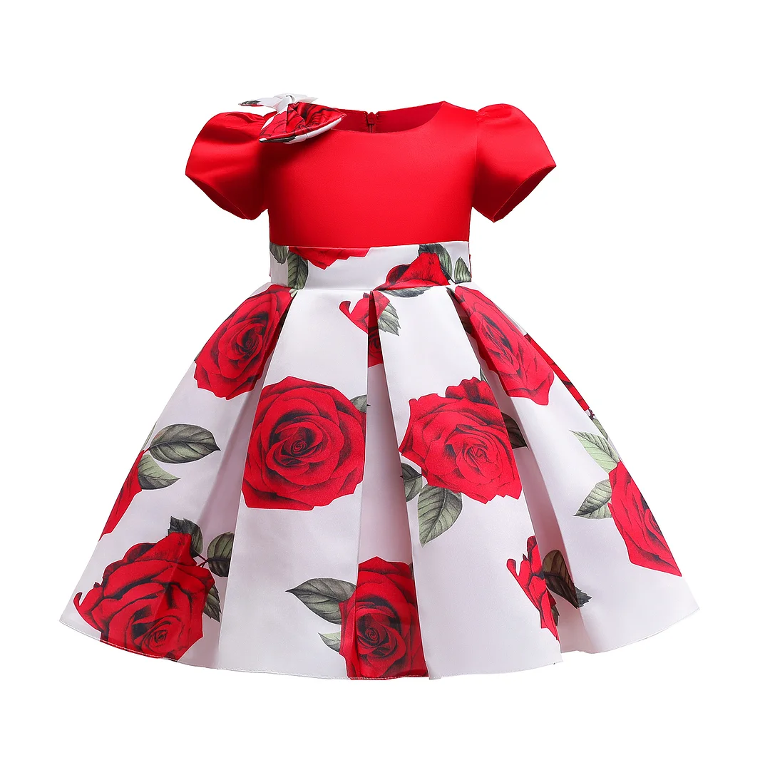 Buzzdaisy Flowers Princess Dress For Girl Scoop Neck Rose Bow-Knot Short Sleeve Candy Cotton Christmas Gifts