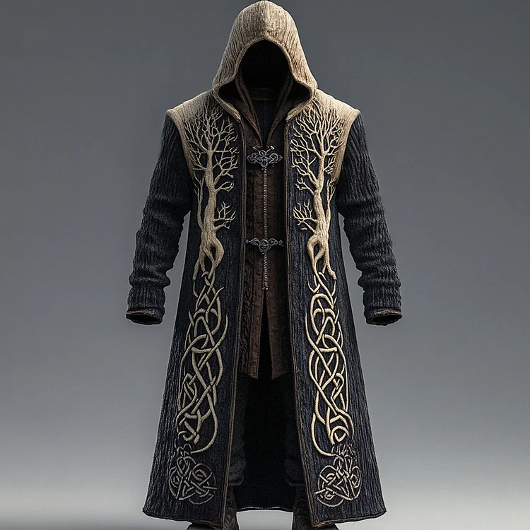 Men's Viking Contrast Color Tree Of Life Embroidered Knit Hooded Coat