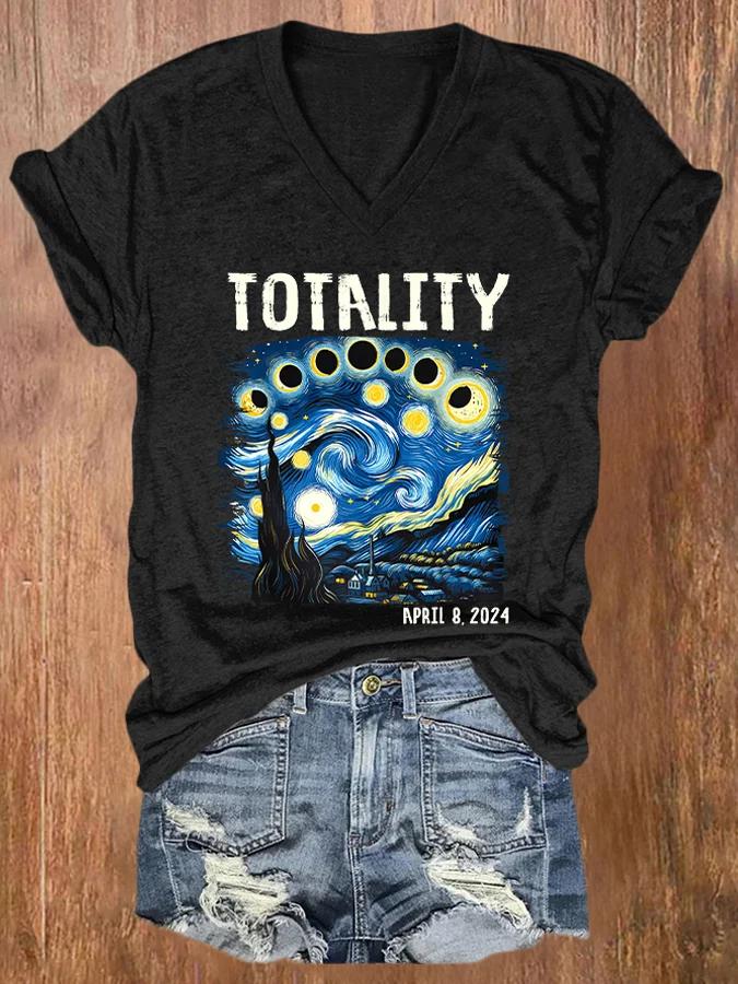 Retro Starry Night Totality Solar Eclipse Of April 8, 2024 Art Casual T-shirt