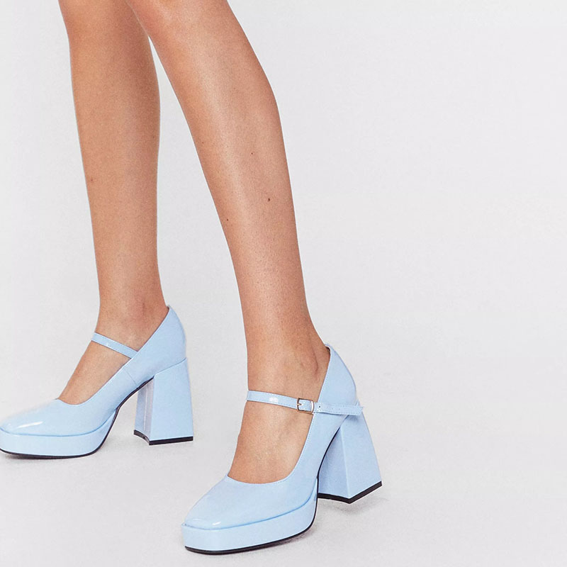 Light Blue Patent Leather Platform Mary Janes Square Toe Chunky Heels