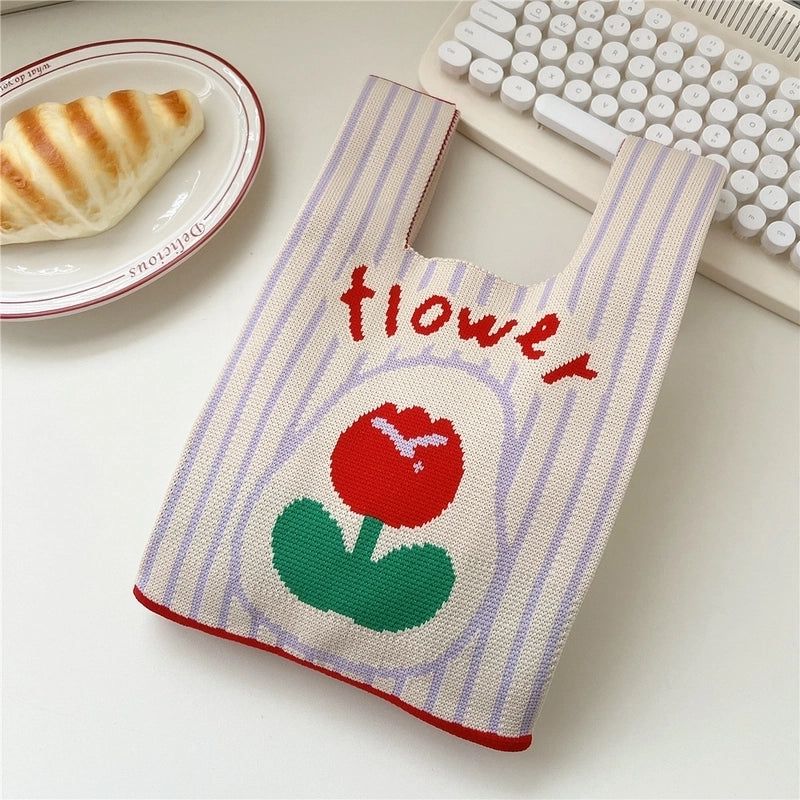 Women’s Small Knit Stripe Fruit Cute Basic Weave Open Bucket Bag