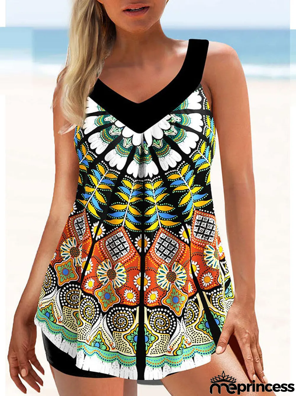 Women Strap Floral Printed Colorblock Tankini Set