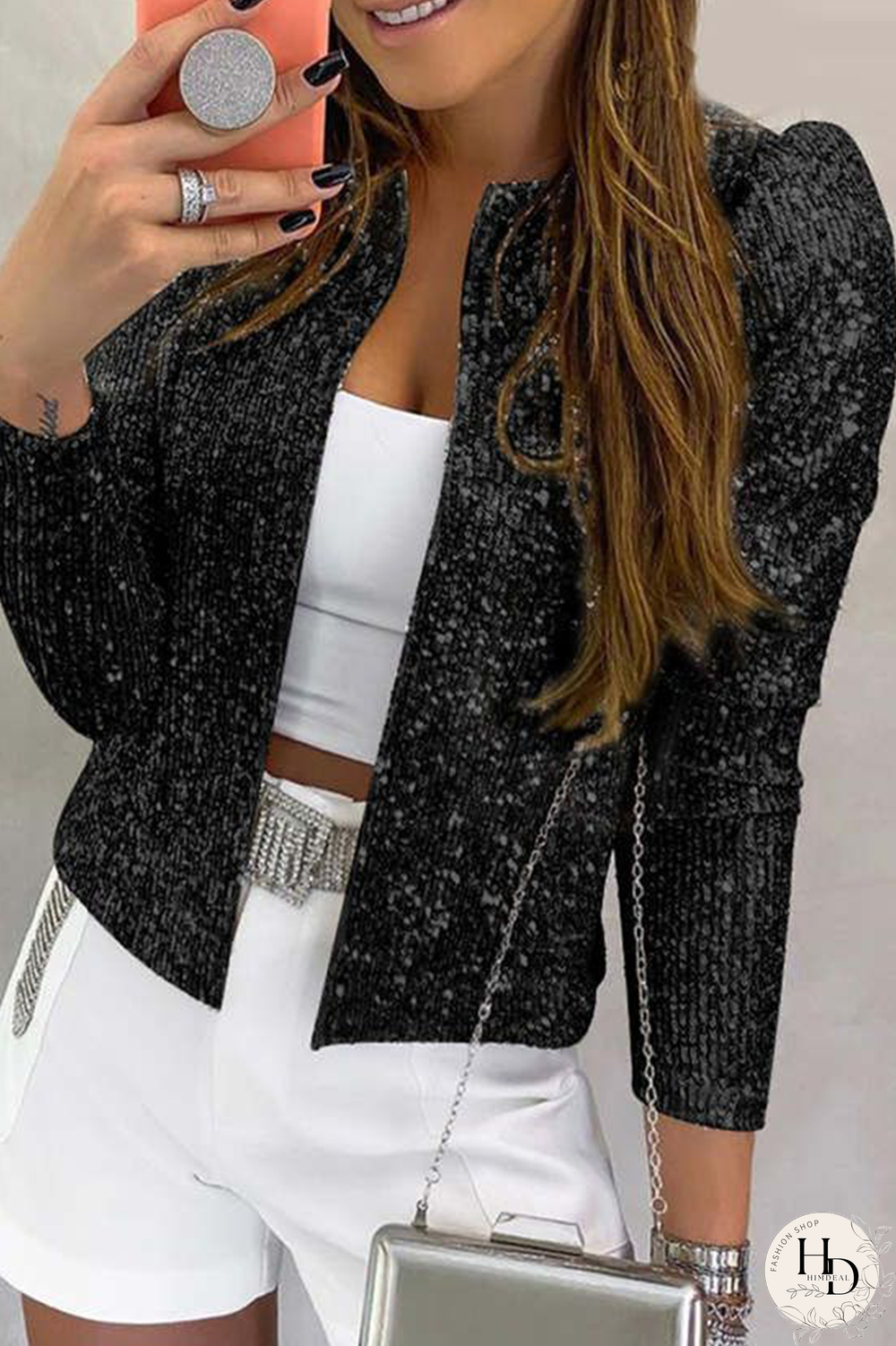 Red Fashion Solid Sequins Patchwork O Neck Outerwear