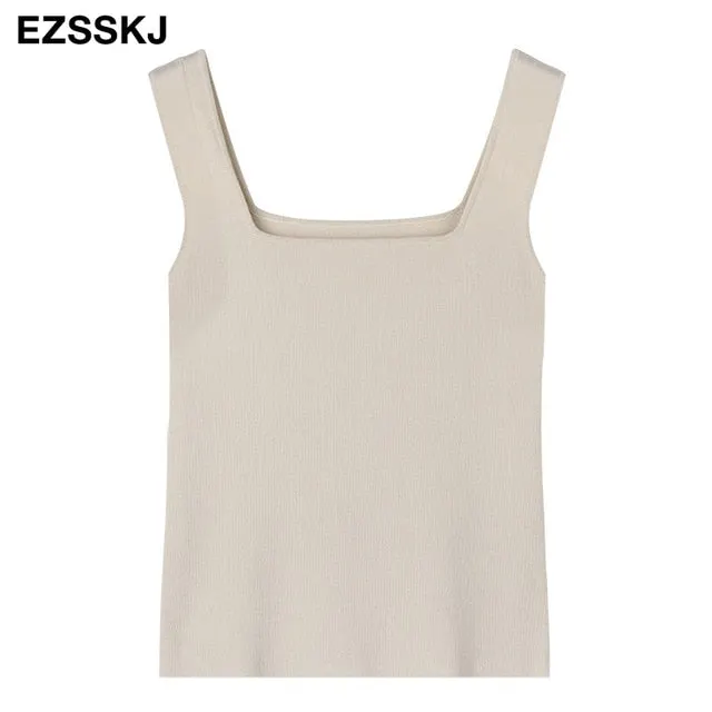 high quality chic basic U-NECK Summer white knit Women tank top sexy sleeveless t-shirt  vintage top casual crop top t shirt