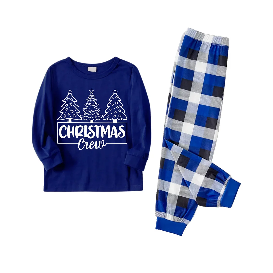 "Christmas Crew" and Trees Blue Long Sleeves with Blue&White&Black Plaid Pants Family Matching Pajamas