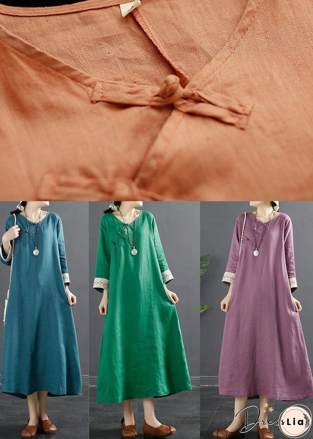Loose Pockets Spring Tunics Runway Blue Cotton Dresses