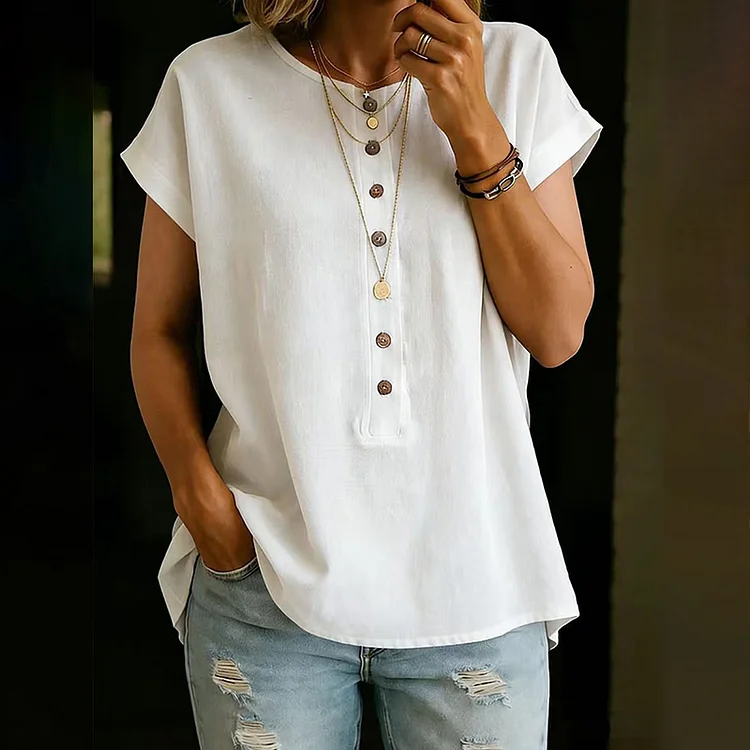 Women's Solid Color Linen Blend Short Sleeve  T-shirt