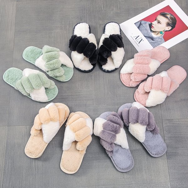 Women Warm Fluffy Slippers Cozy Faux Fur Cross Indoor Floor Slides Flat Soft Shoes Lady Female Comfortable Quality - Shop Trendy Women's Fashion | TeeYours