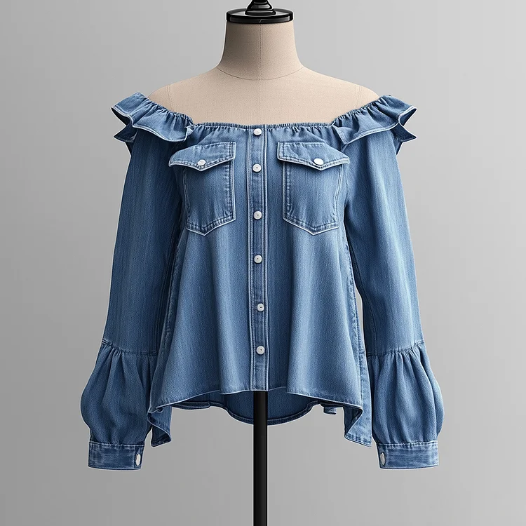 Ursime Ruffle Off The Shoulder Button Lantern Sleeve Denim Blouse