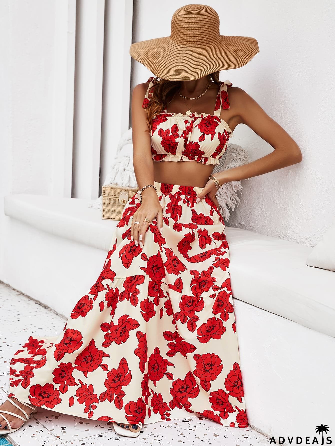 Floral Tie Shoulder Top and Tiered Maxi Skirt Set