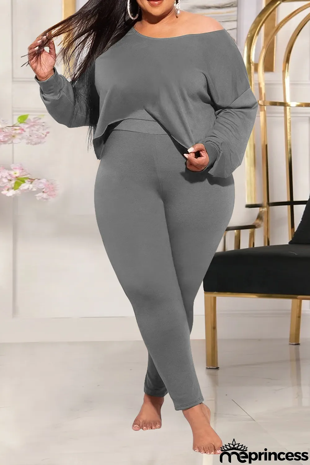 Grey Casual Solid Split Joint O Neck Plus Size Two Pieces