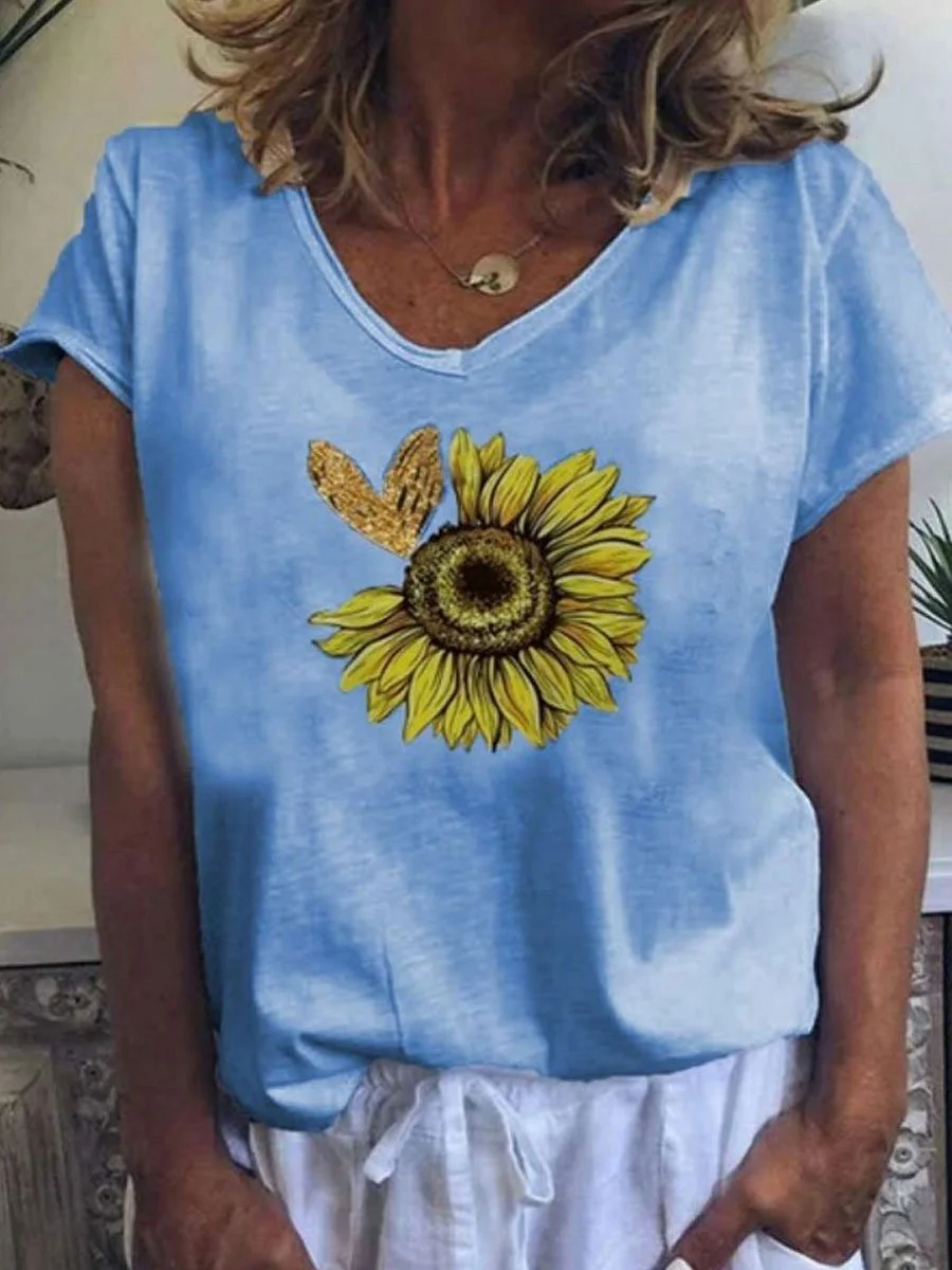 Daisy Printed Loose V-neck Short Sleeve T-shirt