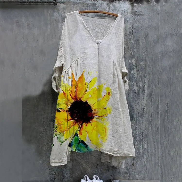 Casual Loose Sunflower Print Mini Dress