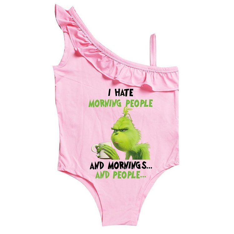 Mayoulove The Grinch Print Little Girls One Piece Ruffle Shoulder Swimwear-Mayoulove