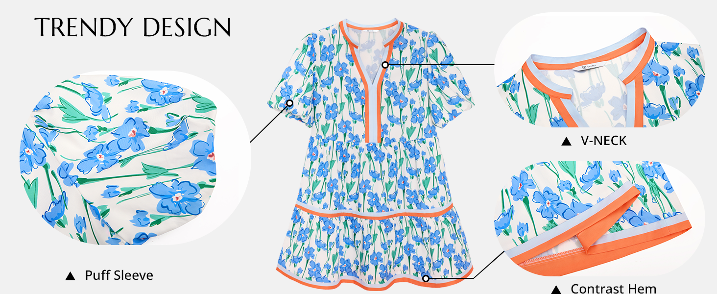 Cicy Bell Womens V Neck Floral Mini Dress Short Puff Sleeve Patchwork Summer Casual Boho Dresses