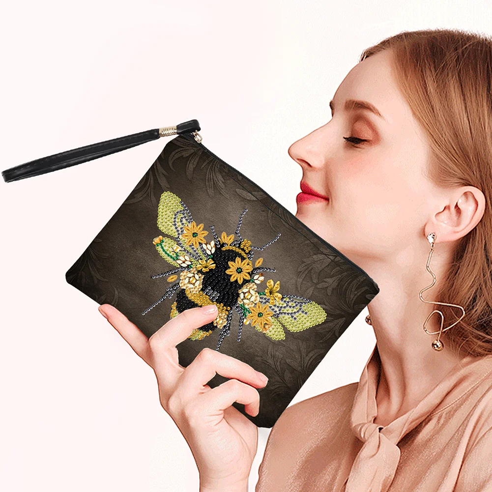 DIY Bee PU Partial Special Shaped Diamond Painting Wallet Makeup Bag