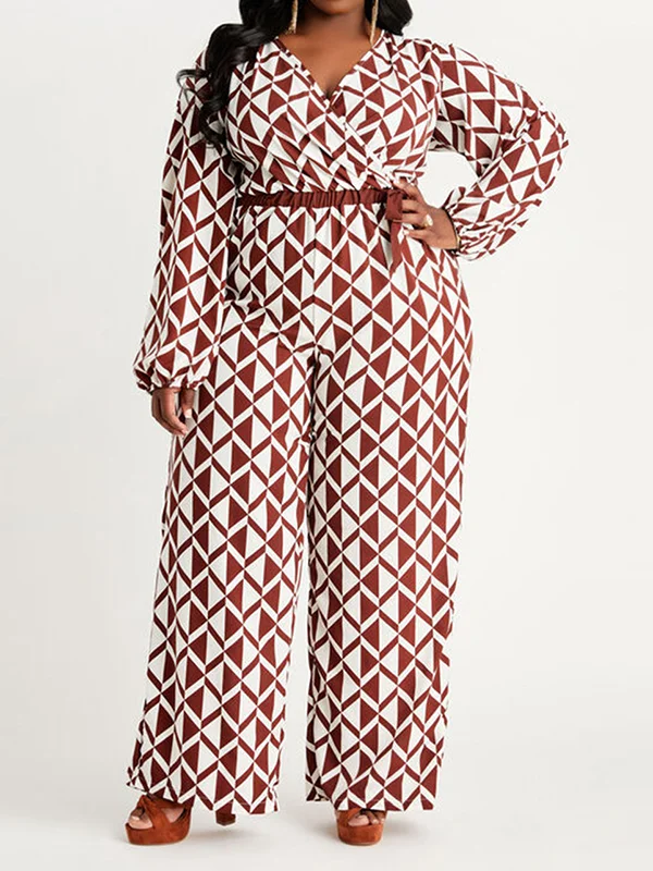 Printed Tied Waist High Waisted Long Sleeves Deep V-Neck Jumpsuits