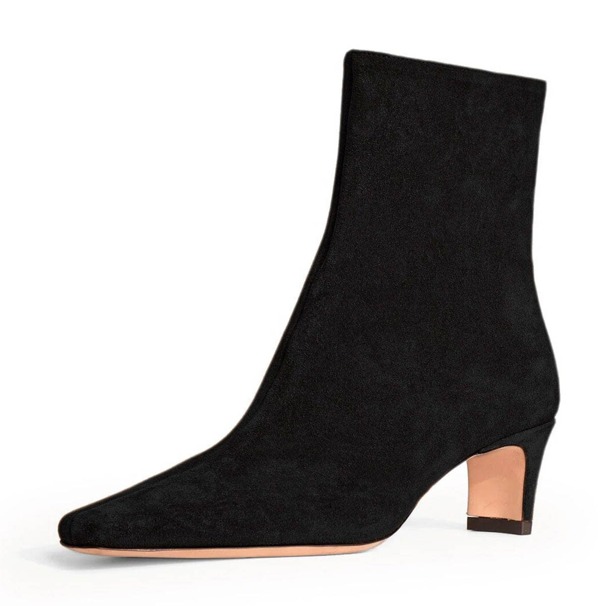Vegan Suede Square Toe Side Black Heel Booties with Side Zipper Nicepairs