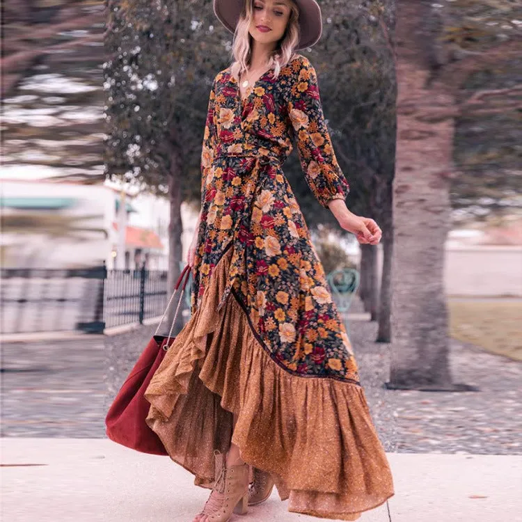 Brownm Women's Mid Waist Long Sleeve Vintage Print Dress