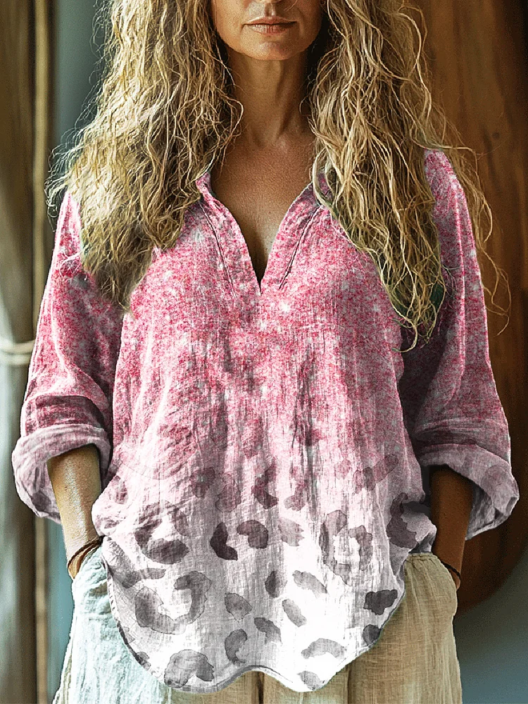 Women's Glitter Leopard Print Casual Linen V-neck Shirt