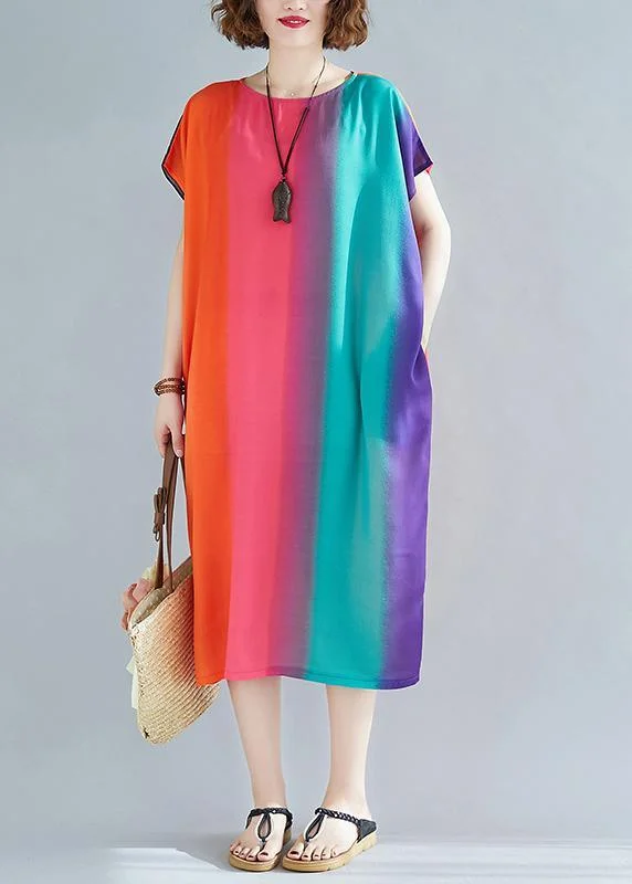 DIY Rainbow Striped Cotton U Neck Summer Vacation Dress