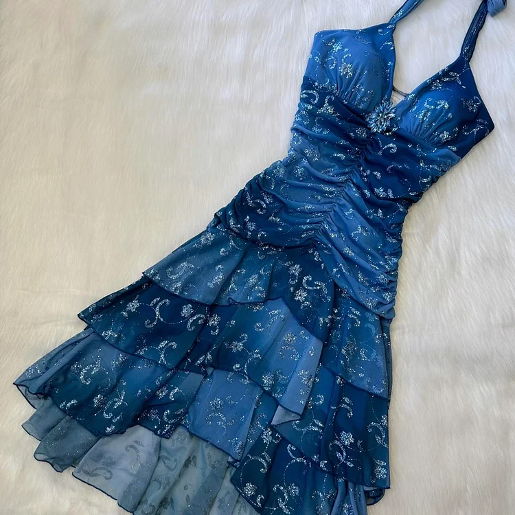 Dark blue homecoming dress Yk mini backless dress with sparkling floral rhinestone ruffles short chiffon ball gown evening gown party dress