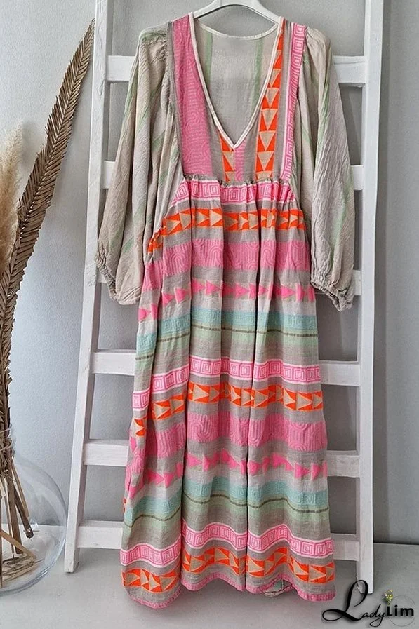 Pink Greek Key and Orange Chain Striped Print Midi Dress