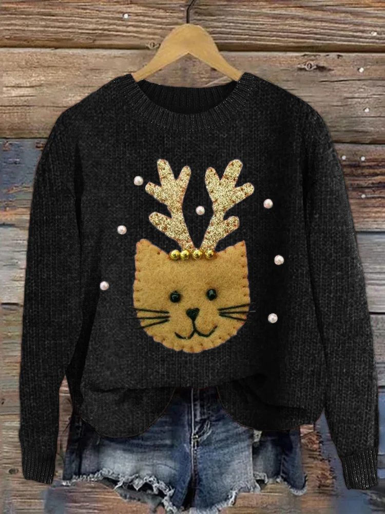 Comstylish Christmas Reindeer Cat Patch Cozy Knit Sweater