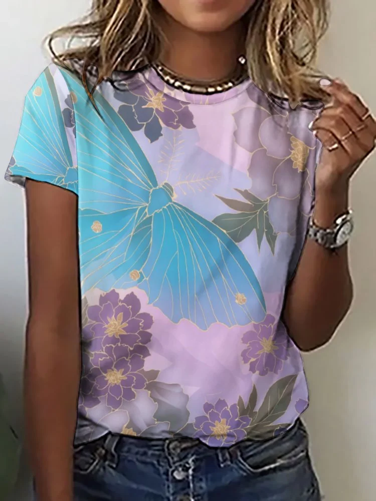 Printed Short Sleeve Casual T-shirt for  Women and Men Unisex Pattern Butterfly, Purple, Blue