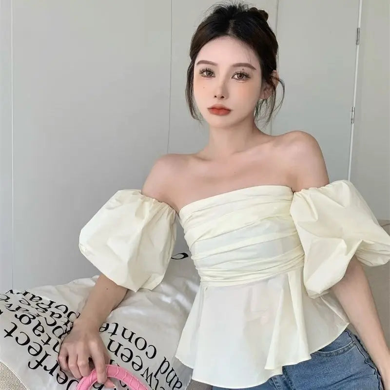 Puff Sleeve Blouses Women Off-shoulder Thin Summer Elegant Sweet Retro Fashion French Style Tender Holiday Girlish Блузки Ins BF LANFUBEISI