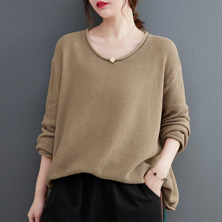 Simple Solid Color Long Sleeve Knitted T-Shirt