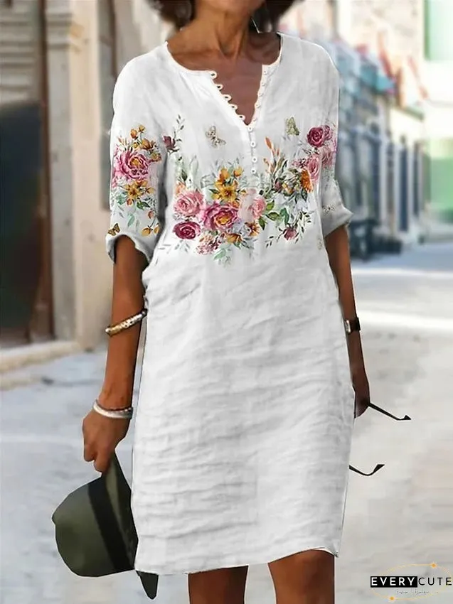 Casual Dress Shift Floral Flower Button Print Neck Midi Modern Outdoor Daily Half Sleeve