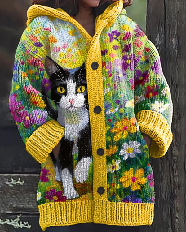 Vintage Cat Floral Print Hooded Cardigan