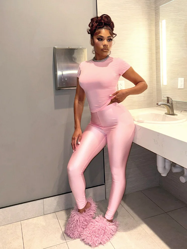 Uveng Uveng Women's Simple Solid Color Round Collar Short-Sleeved T-Shirt Tight Trousers Two Sets