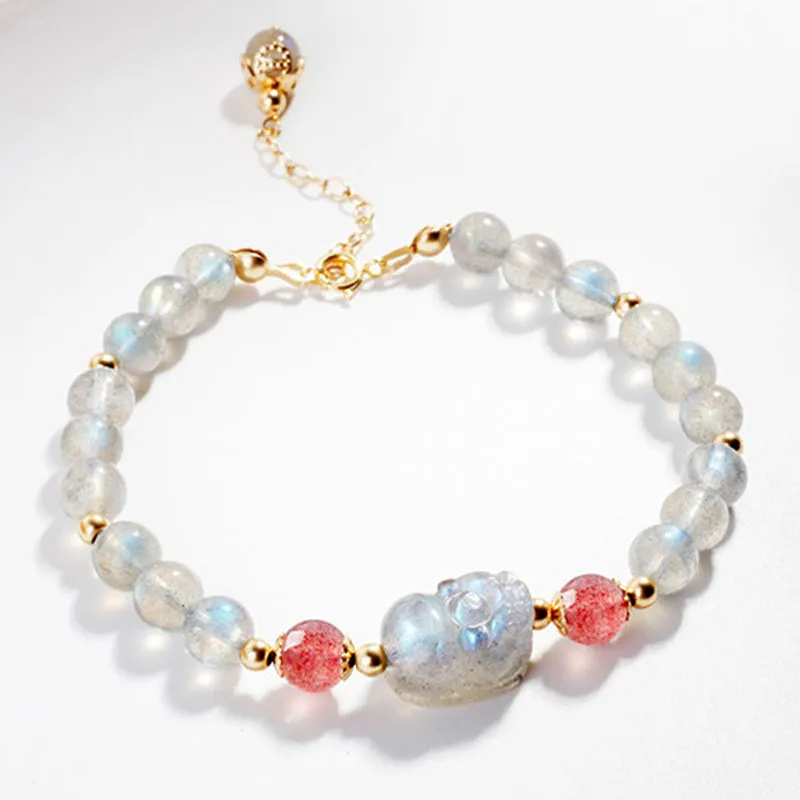 Moonstone Strawberry Quartz PiXiu Healing Bracelet
