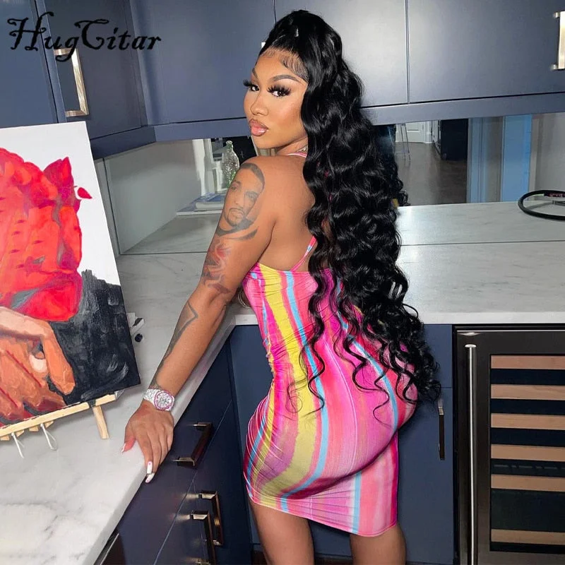 Hugcitar Tie Dye Print Sleeveless Backless Halter Sexy Midi Dress 2021 Summer Women Fashion Streetwear Outfits Club Clothing