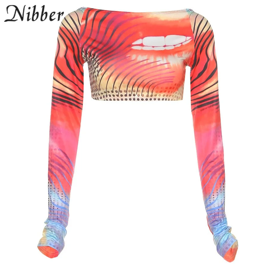 Nibber New Fashion Y2K T-Shirt Round Neck Long-Sleeved Short Top Lip Art Print Hot Girl Style For Women Street Night Clubwear
