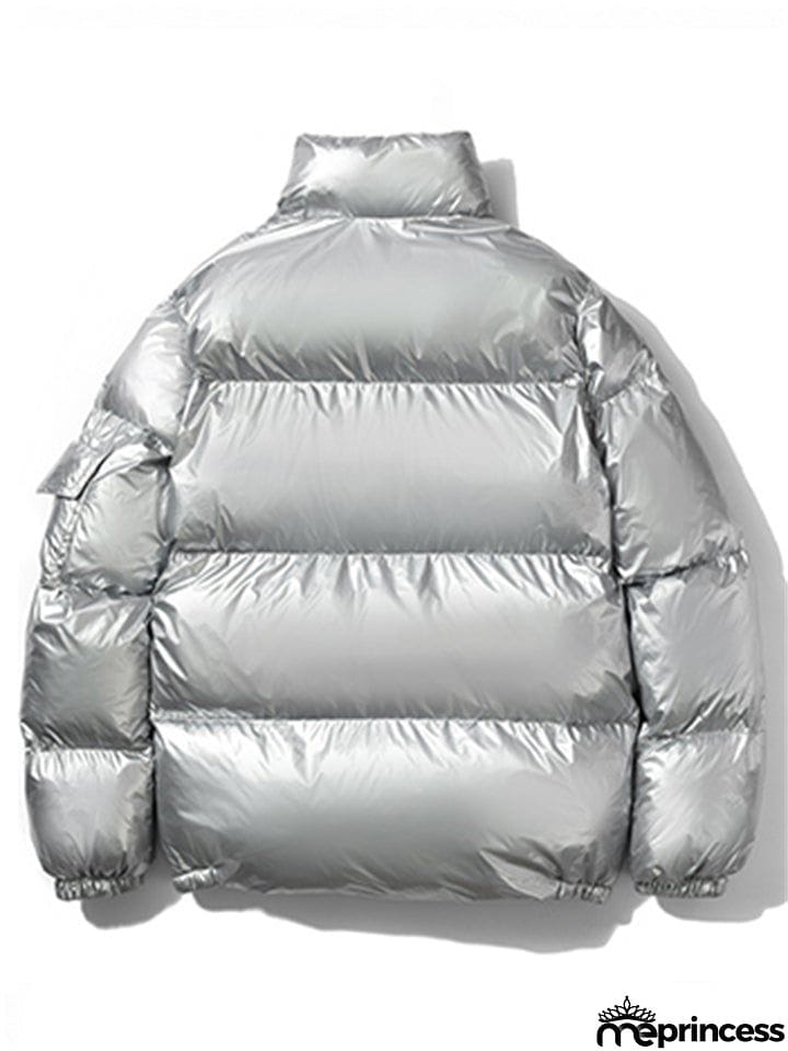 Trendy Casual Solid Zipper Stand Collar Loose Shiny Reflective Coats