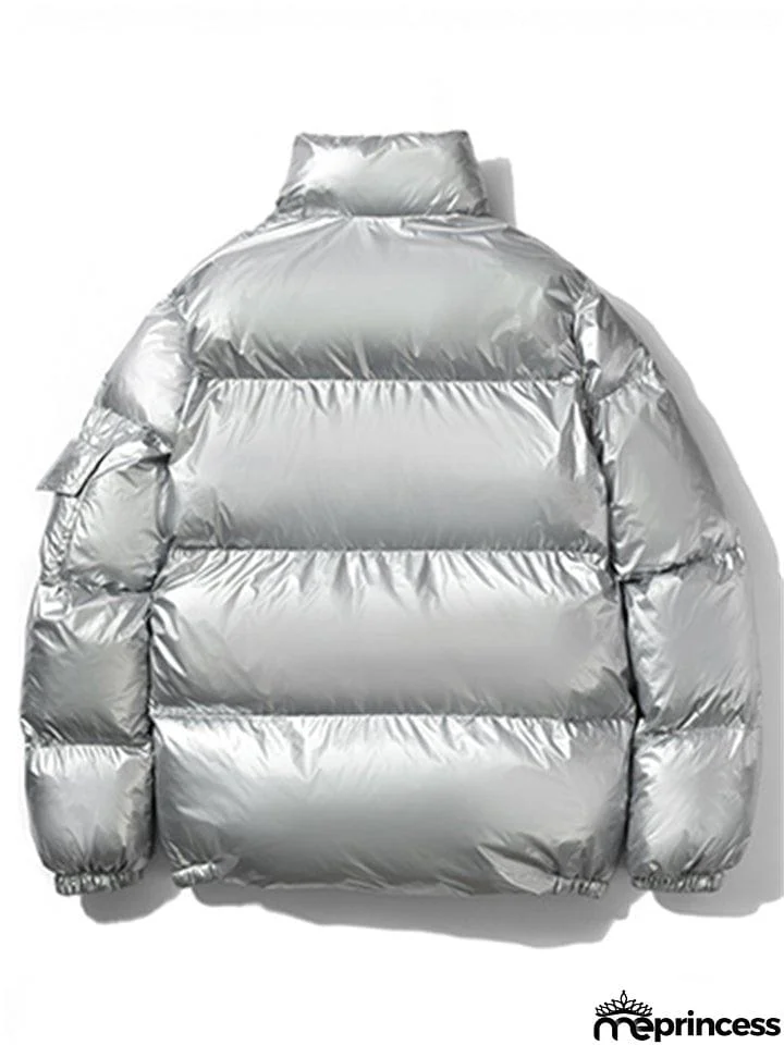 Trendy Casual Solid Zipper Stand Collar Loose Shiny Reflective Coats