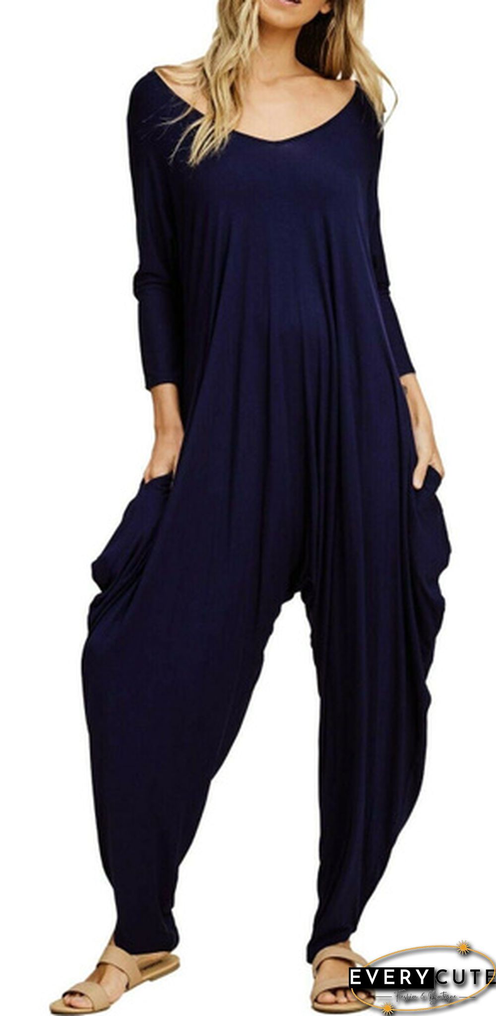 Re Tech UK Ladies Baggy Harem Jumpsuit Romper All In One V-Neck Cami Playsuit - 3/4 Sleeve
