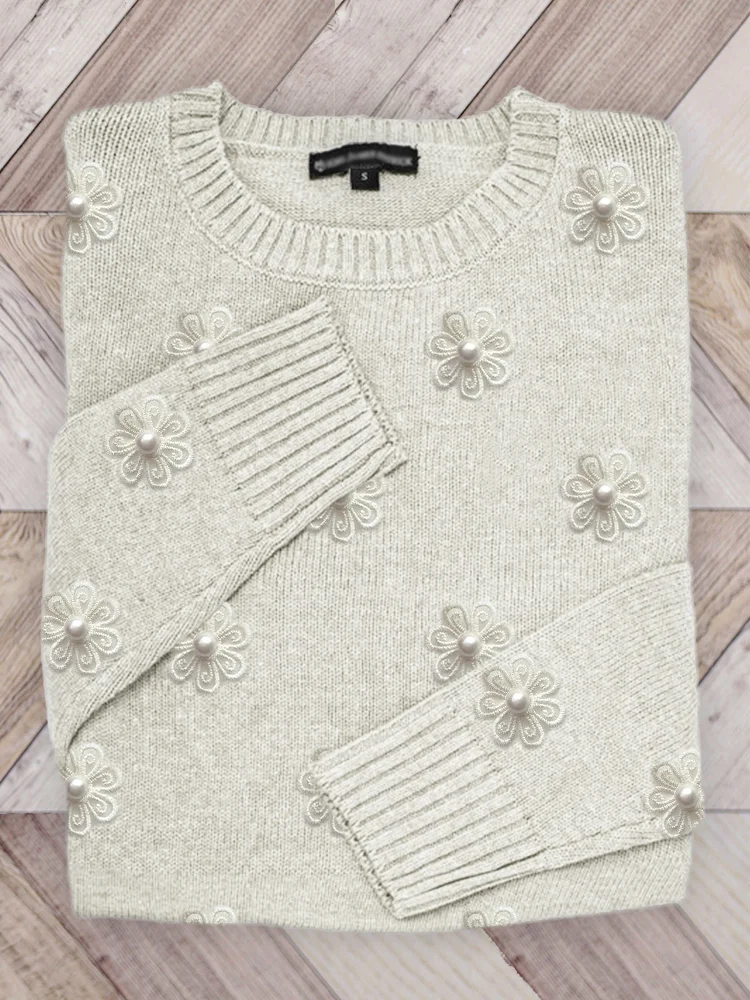Classy Pearl Floral Embroidered Knit Sweater