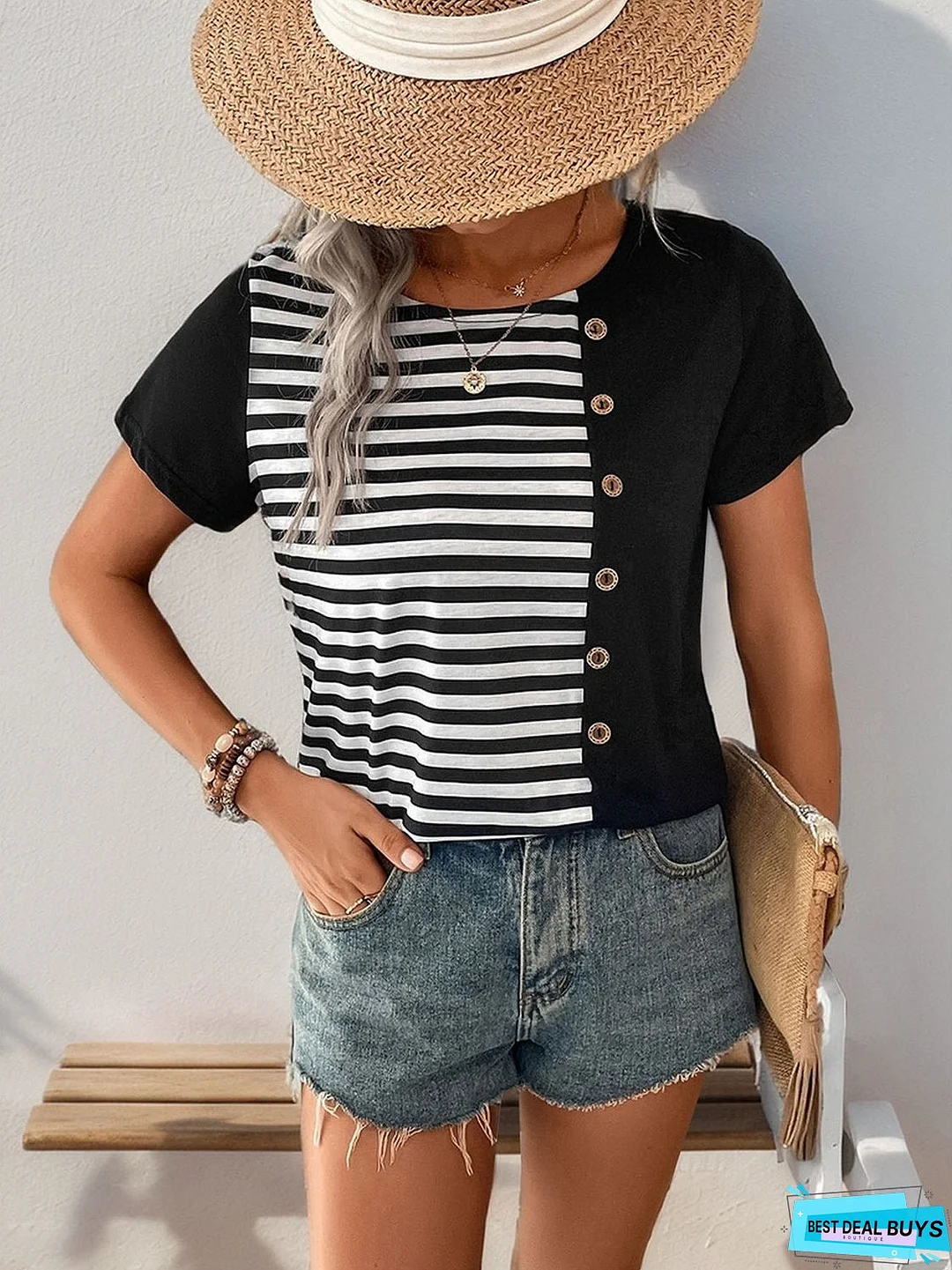 Striped Round Neck Short Sleeve T-Shirt