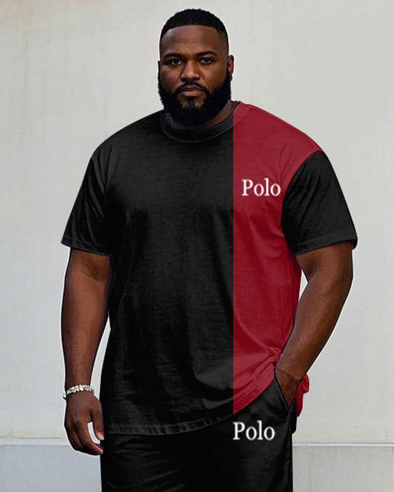 Men's Big & Tall Black & Red Colorblock Printed Short-sleeved T-shirt Trousers Set