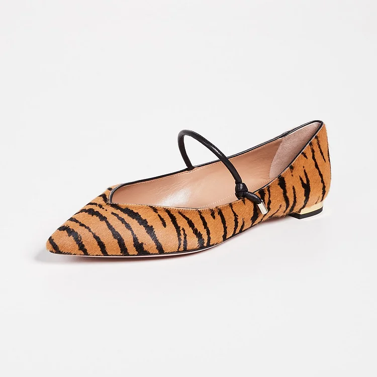 Brown Tiger Horsehair Pointy Toe Flats Many Jane Shoes for Women |FSJ Shoes