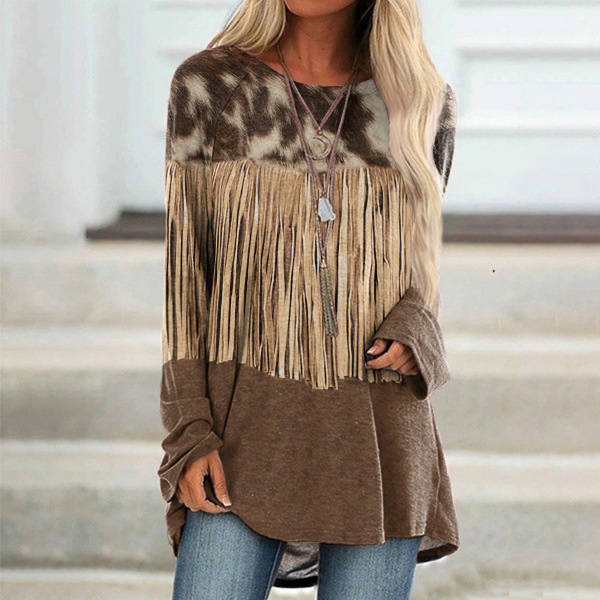  Western Cowhide Tassel Printed Round Neck Long Sleeve Tunic Westsshops