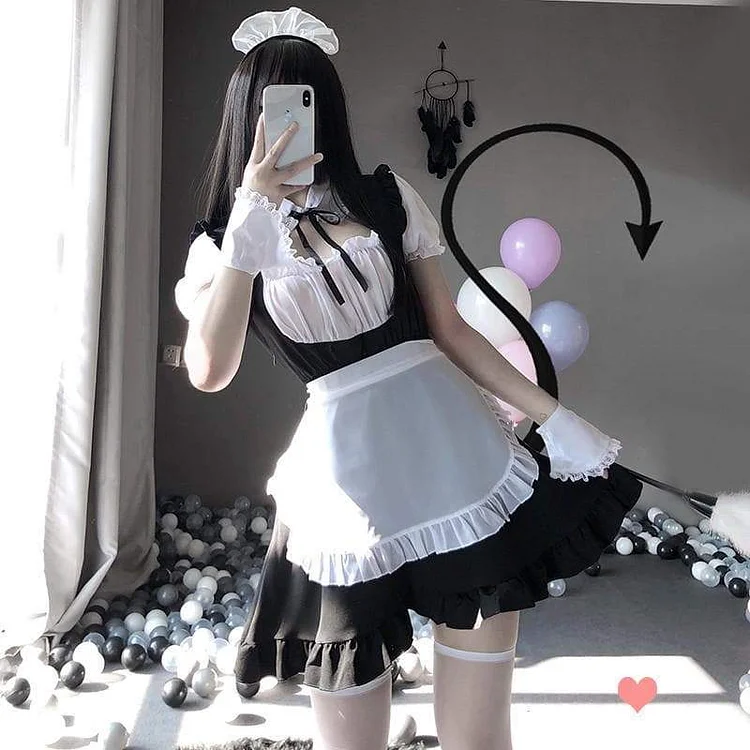 Cute Lace Up Black and White Maid Dress Role Play Costume SP222