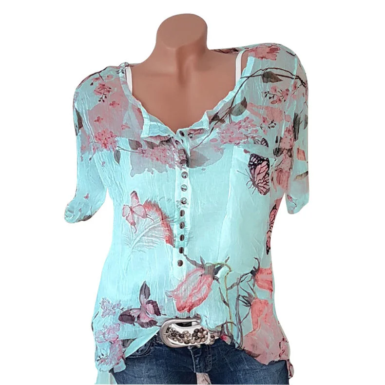 Butterfly Print Button Short Sleeve Chiffon Shirt