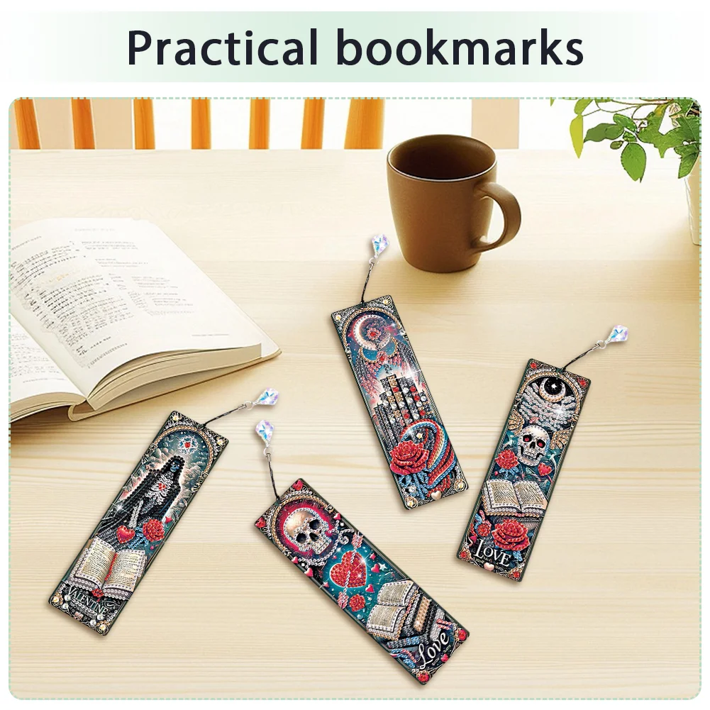 4Pcs Skull Heart Themed DIY Diamond Painting Bookmark for Reading Enthusiasts