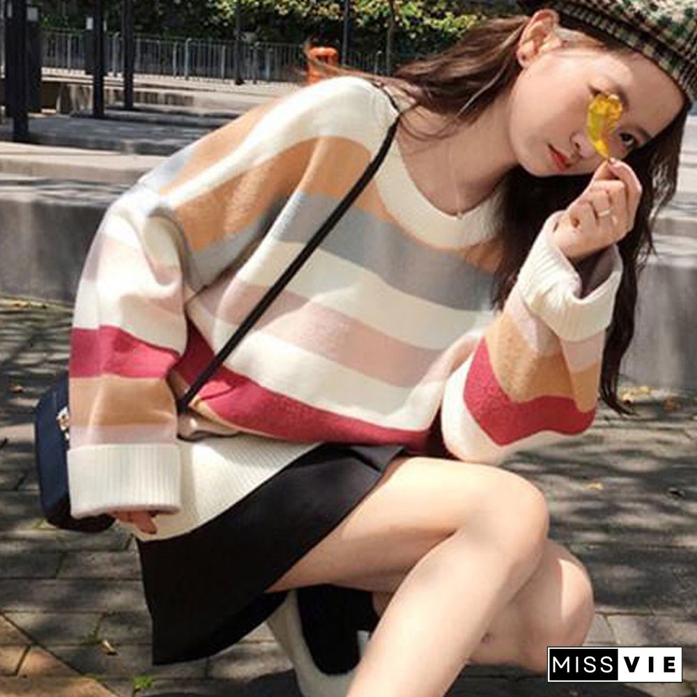 Autumn Design Elegant Stripe Sweater Women Long Sleeves Casual Knitting Sweater Korean Fashion Loose Mujer Pullover New