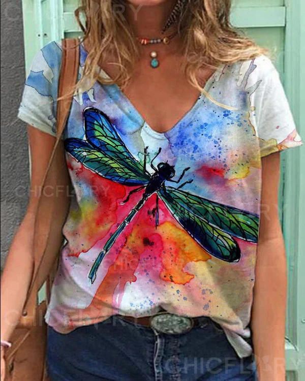 Dragonfly Floral V-Neck Top